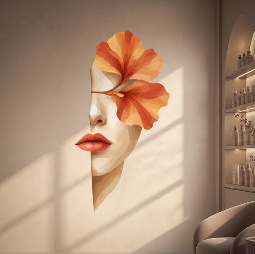 Woman's face with an orange flower and red lips vinyl wall decal in a beauty salon room