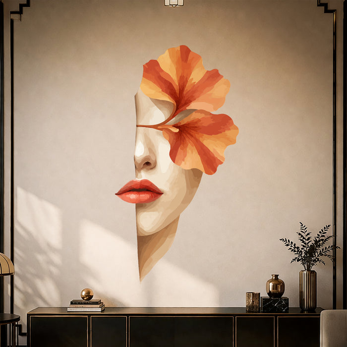 Woman's face with an orange flower and red lips vinyl wall decal in a art deco room