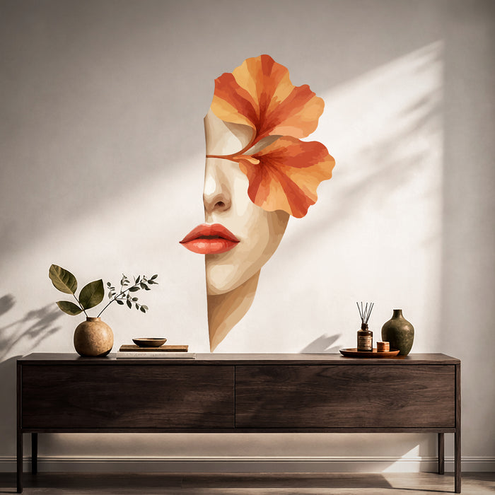 Woman's face with an orange flower and red lips vinyl wall decal in a japandi hall room
