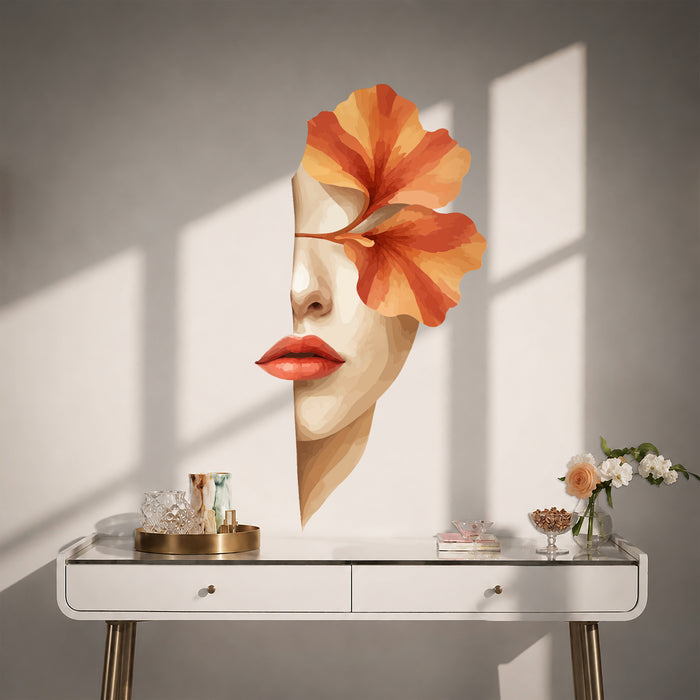 Woman's face with an orange flower and red lips vinyl wall decal in a contemporary room