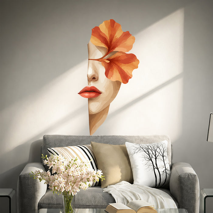Woman's face with an orange flower and red lips vinyl wall decal in a contemporary room