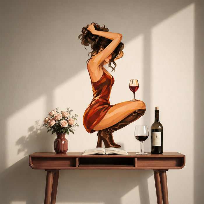 Woman in a red dress with a wine glass vinyl wall decal in a mid century modern room