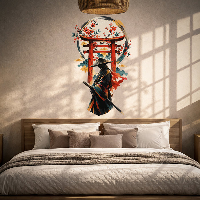 Samurai beneath a red torii gate and flowering branches vinyl wall decal in a japandi bedroom room