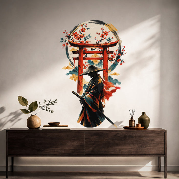 Samurai beneath a red torii gate and flowering branches vinyl wall decal in a japandi hall room
