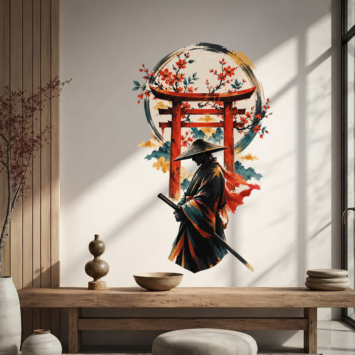 Samurai beneath a red torii gate and flowering branches vinyl wall decal in a japandi living room room