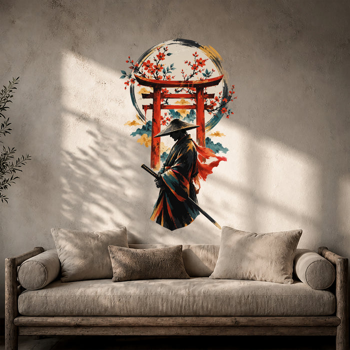 Samurai beneath a red torii gate and flowering branches vinyl wall decal in a rustic room