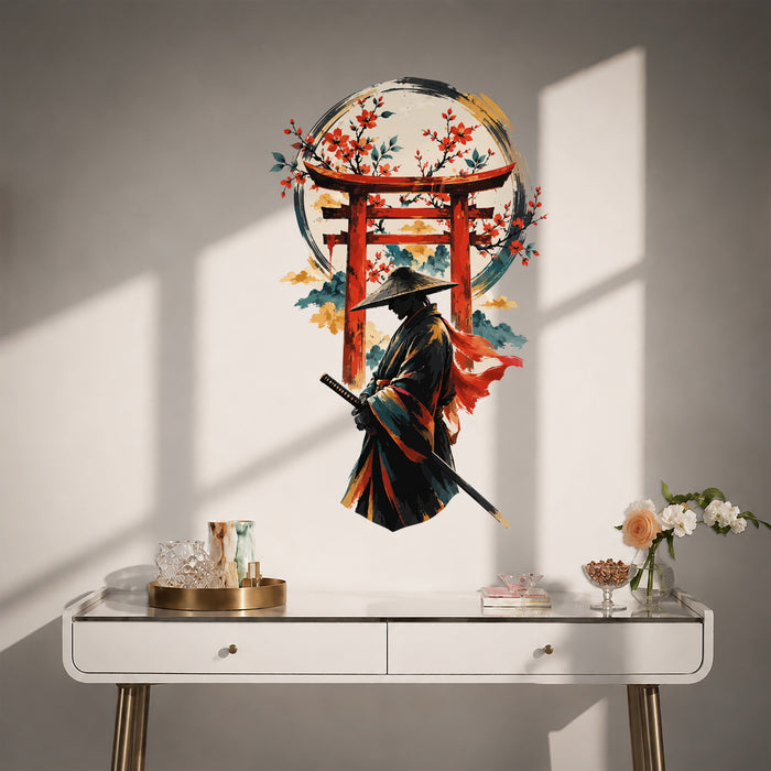 Samurai beneath a red torii gate and flowering branches vinyl wall decal in a contemporary room