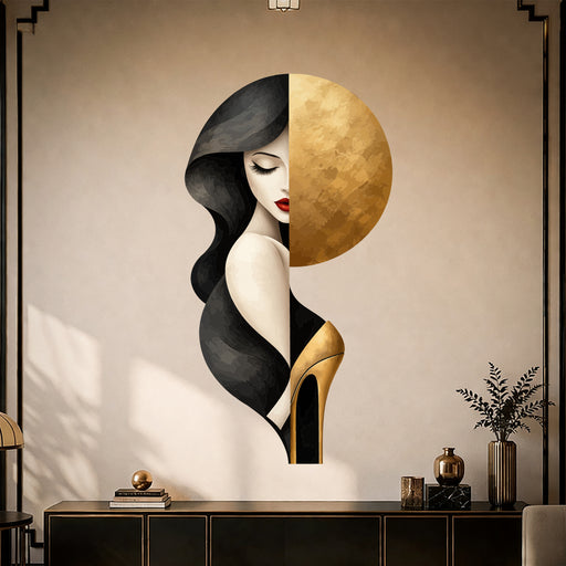 Woman's portrait with gold circle and high heel vinyl wall decal in a art deco room