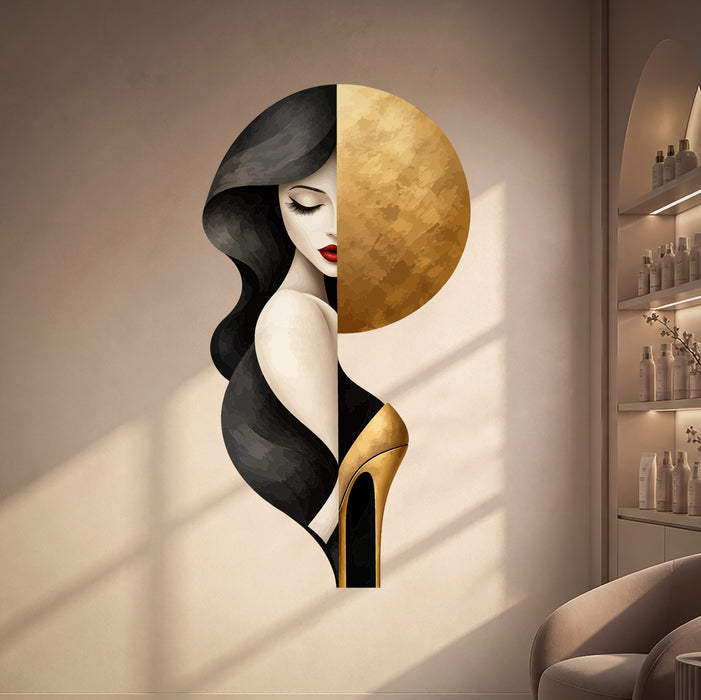 Woman's portrait with gold circle and high heel vinyl wall decal in a beauty salon room