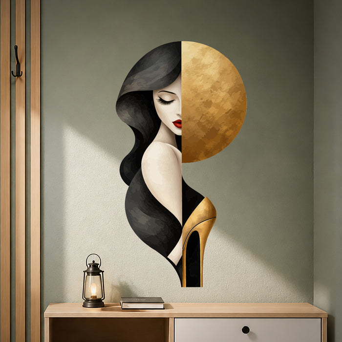 Woman's portrait with gold circle and high heel vinyl wall decal in a quote room