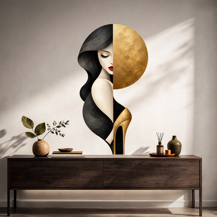 Woman's portrait with gold circle and high heel vinyl wall decal in a japandi hall room