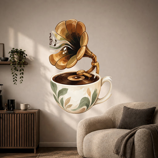 Coffee cup gramophone with a golden horn vinyl wall decal in a kitchen coffee corner room