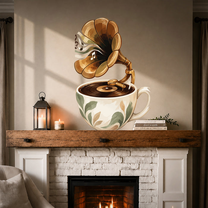 Coffee cup gramophone with a golden horn vinyl wall decal in a quote room