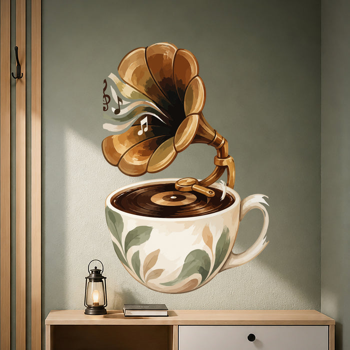 Coffee cup gramophone with a golden horn vinyl wall decal in a quote room