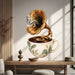 Coffee cup gramophone with a golden horn vinyl wall decal in a japandi living room room