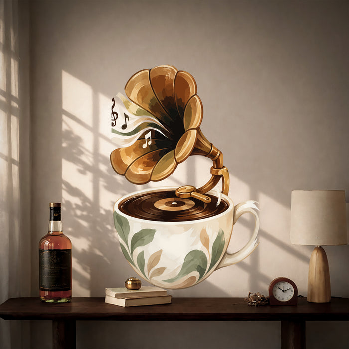 Coffee cup gramophone with a golden horn vinyl wall decal in a whiskey room