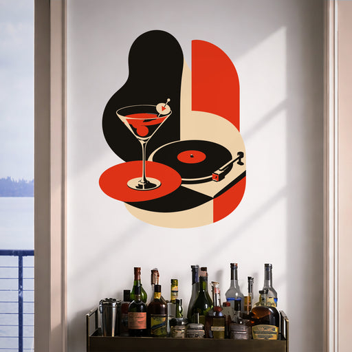 Retro cocktail and record wall decal above a bar cart