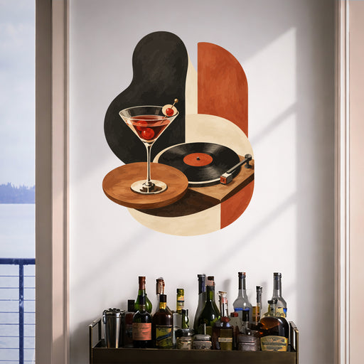 Colorful Vintage Cocktail and Vinyl Record Wall Decal in a styled room
