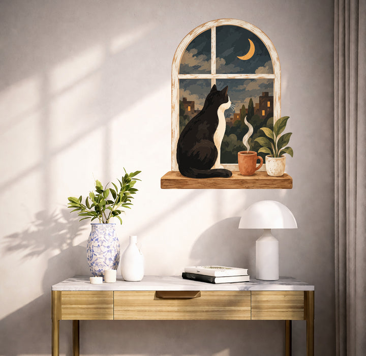 Colorful Cat at Moonlit Window with City View Wall Decal in a styled room
