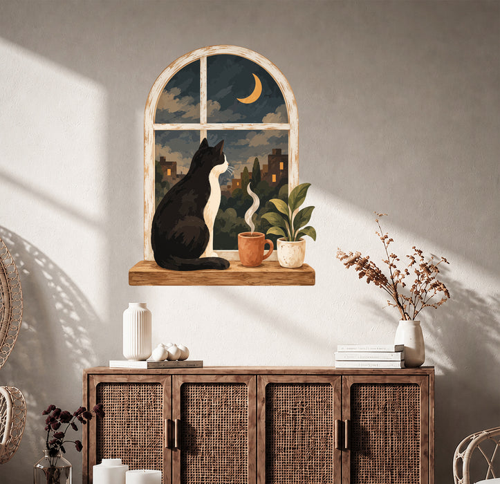 Colorful a seated cat looking through an arched window at a moonlit city scene, with plants and a cup below in boho interior 03 interior
