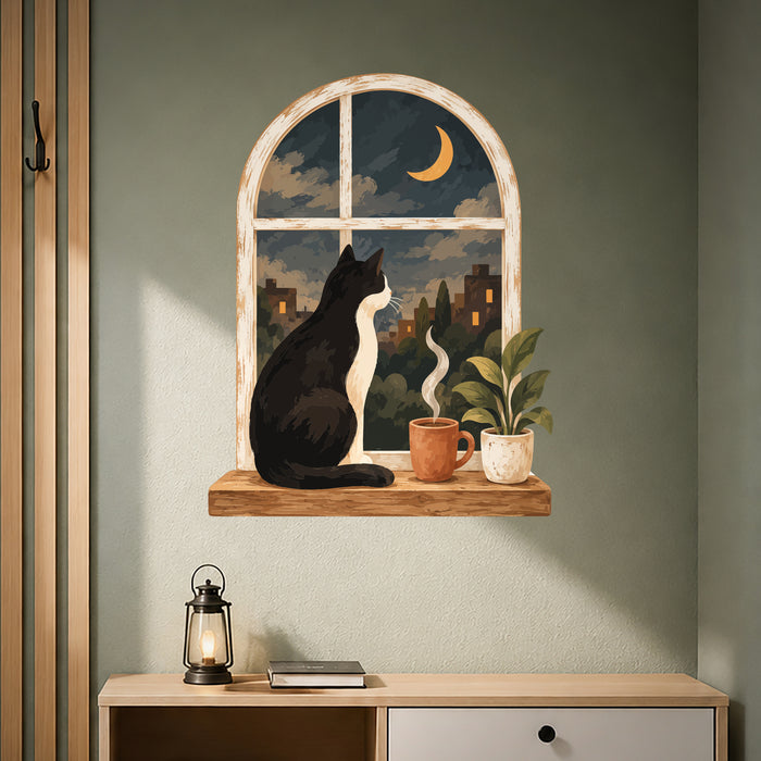 Colorful a seated cat looking through an arched window at a moonlit city scene, with plants and a cup below in quote interior 02 interior