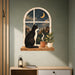 Colorful a seated cat looking through an arched window at a moonlit city scene, with plants and a cup below in quote interior 02 interior