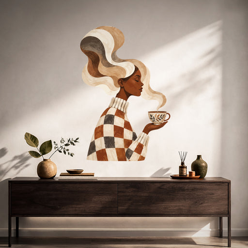 Colorful Woman Sipping Coffee in Warm Tones Wall Decal in a styled room