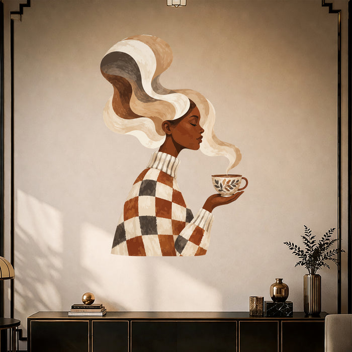 Colorful a woman holding a cup of coffee, with flowing hair and a warm checkered outfit in art deco 01 interior