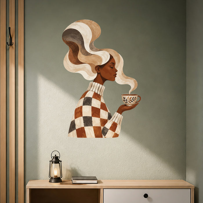 Colorful a woman holding a cup of coffee, with flowing hair and a warm checkered outfit in quote interior 02 interior