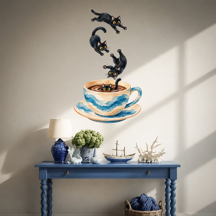 Colorful Playful Black Cats in Blue Coffee Cup Wall Decal in a styled room