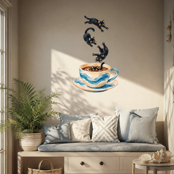 Colorful four playful black cats tumbling toward a blue coffee cup in coastal 04 interior