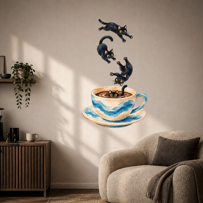 Colorful four playful black cats tumbling toward a blue coffee cup in kitchen coffee corner 01 interior