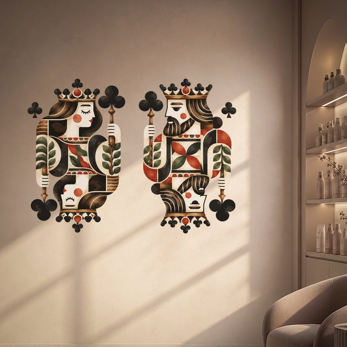 Colorful a richly patterned king and queen of clubs with red, cream, black, and olive details in beauty salon 01 interior