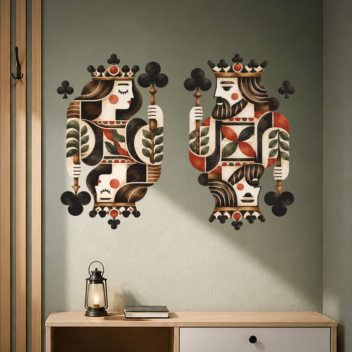 Colorful a richly patterned king and queen of clubs with red, cream, black, and olive details in quote interior 02 interior