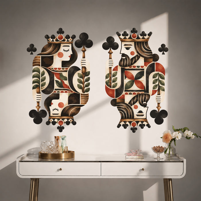 Colorful a richly patterned king and queen of clubs with red, cream, black, and olive details in contemporary interior 05 interior