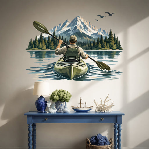 Colorful Kayaker on Mountain Lake Nature Wall Decal in a styled room
