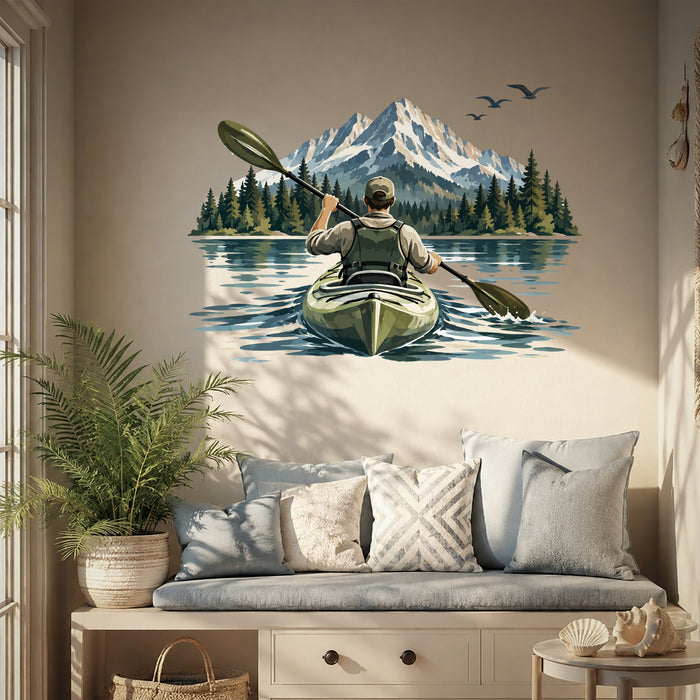 Colorful a kayaker paddling toward snowy mountains across a blue lake framed by evergreen trees in coastal 04 interior