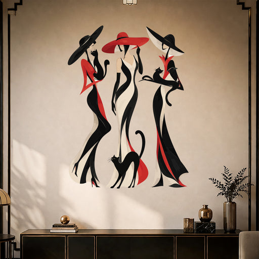 Colorful Fashion Women and Playful Cats Wall Decal Art in a styled room