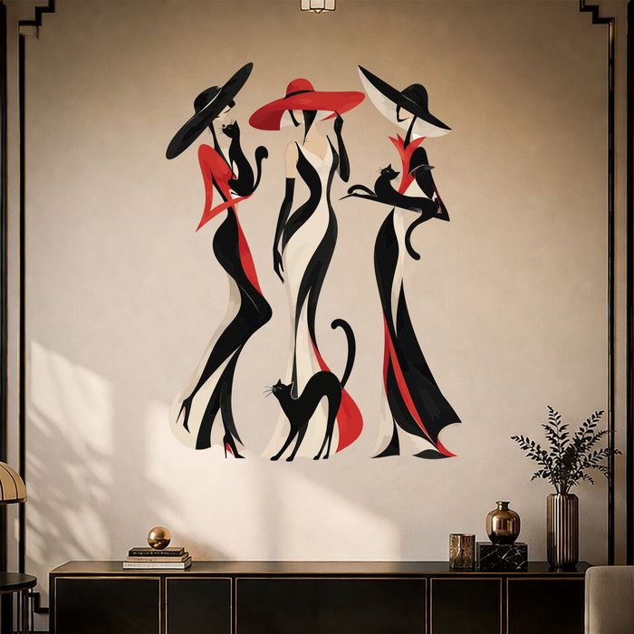Colorful Fashion Women and Playful Cats Wall Decal Art in a styled room