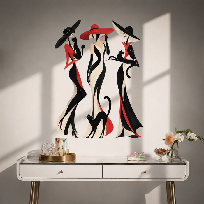 Colorful three stylized women in sweeping black and red outfits, joined by playful cats in contemporary interior 05 interior