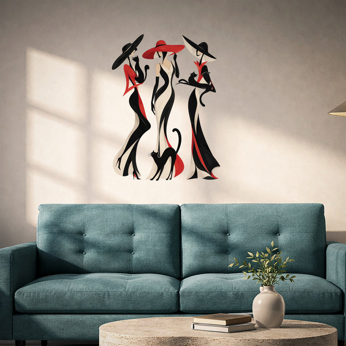 Colorful three stylized women in sweeping black and red outfits, joined by playful cats in mid century modern 061 interior