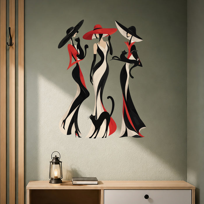 Colorful three stylized women in sweeping black and red outfits, joined by playful cats in quote interior 02 interior
