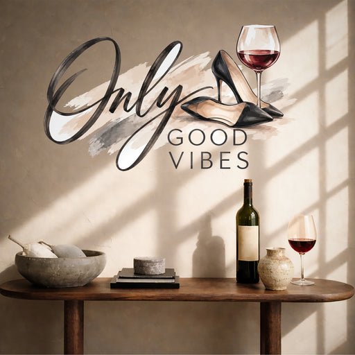 Colorful Only Good Vibes Wine and Heels Wall Decal in a styled room