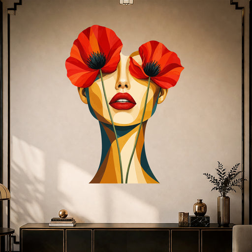 Colorful Poppy Flower Woman Portrait Wall Decal Art in a styled room