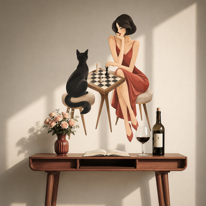 Woman and black cat playing chess wall decal displayed above a console table.