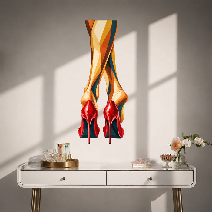 Colorful a pair of vivid red high heels beneath long, colorful legs in contemporary interior 05 interior