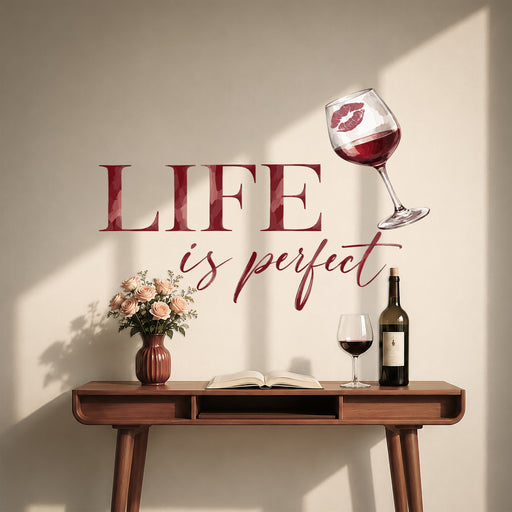Red Life Is Perfect wine quote wall decal with a wine glass and bottle in a room.