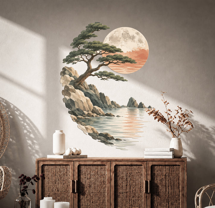 Pine tree and rocky seascape wall decal above a cabinet.