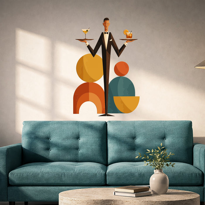 Geometric server balancing a tray wall decal above a sofa.