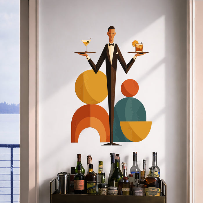 Geometric server wall decal displayed above a bar counter.
